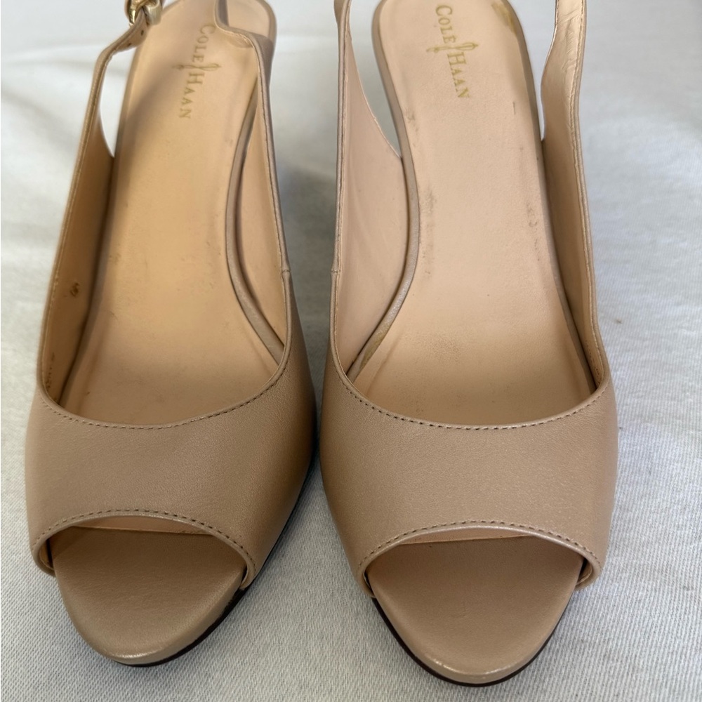 Cole Haan Tan Peep-Toe Slingback Heels